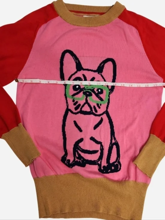 Oxknit French Bulldog Graphic Sweater Pink & Red Colorblock Medium - Picture 3 of 7